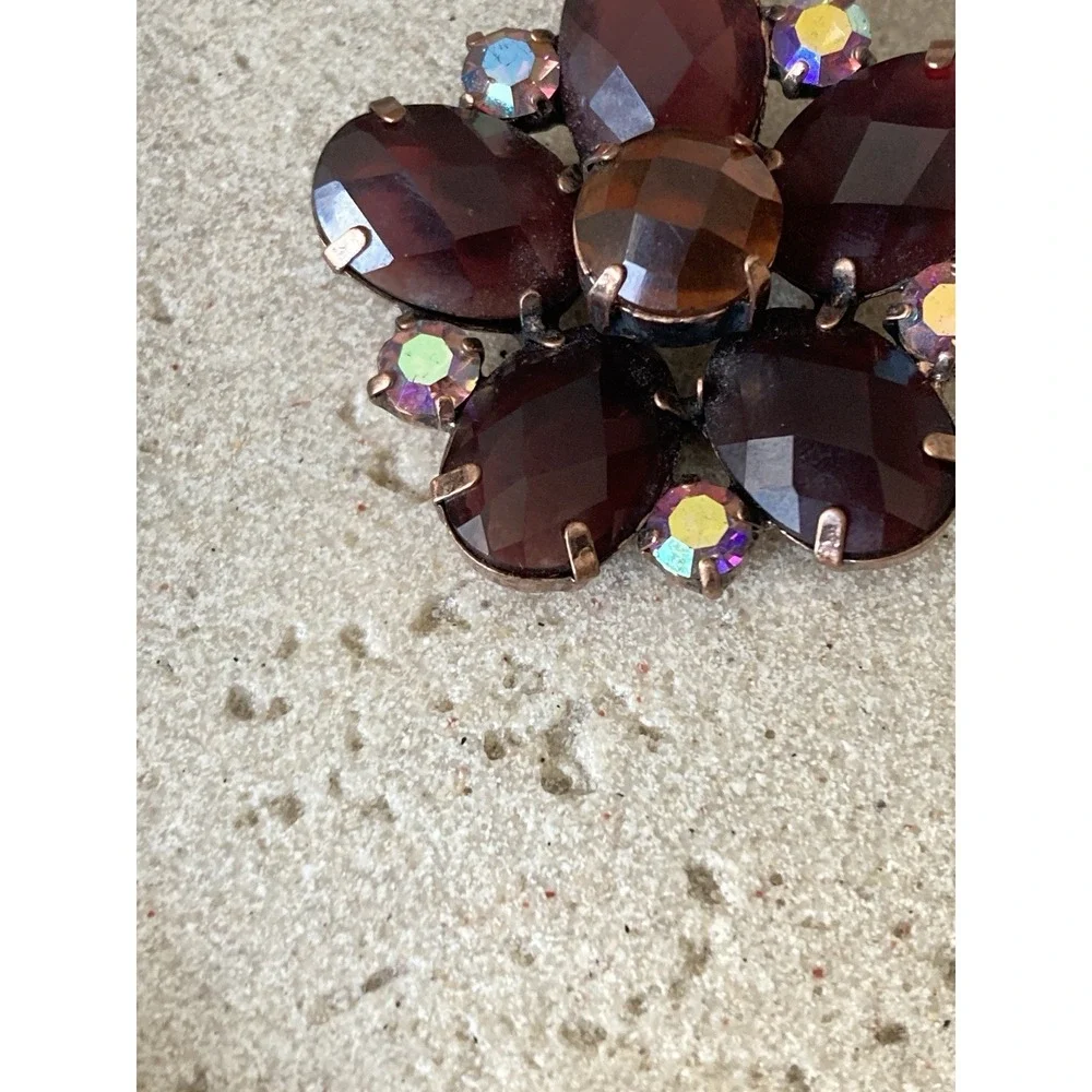Antiqued Copper Tone Burgundy‎ Rhinestone Floral Brooch Statement Dark Romantic